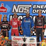 (L to R) Emerson Axsom, Logan Schuchart, Donny Schatz, and Justin Henderson after they were locked in from finishing in the top four at Knoxville Raceway. (Mark Funderburk Photo)