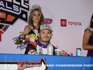 Kyle Larson at the post race press conference after winning the Knoxville Nationals. (Mark Funderburk Photo)