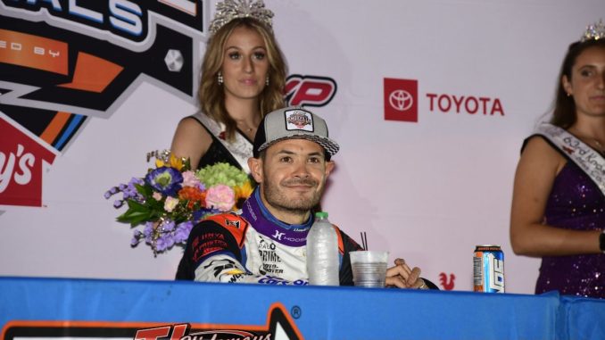 Kyle Larson at the post race press conference after winning the Knoxville Nationals. (Mark Funderburk Photo)