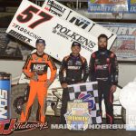 (L to R) Third place Sheldon Haudenschild, winner Kyle Larson, and second place James McFadden. (Mark Funderburk Photo)