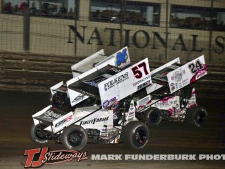 Kyle Larson (#57) gets by Rico Abreu (#24) for the lead at Knoxville Raceway while lapping Danny Sams III (#24D). (Mark Funderburk Photo)