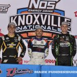 (L to R) Second place Giovanni Scelzi, winner Kyle Larson, and third place Corey Day after the post race press conference at the 2024 Knoxville Nationals finale. (Mark Funderburk Photo)