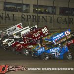 Donny Schatz (#15), Austin McCarl (#88), Skylar Gee (#99), and Logan Schuchart (#1S) Friday at Knoxville Raceway. (Mark Funderburk Photo)