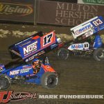 Sheldon Haudenschild (#17) racing with James McFadden (#83) Friday at Federated Auto Parts Raceway at I-55. (Mark Funderburk Photo)