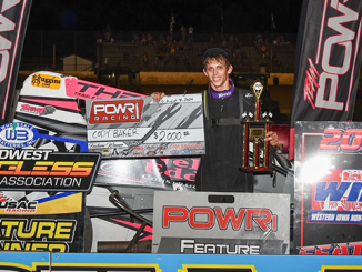 Cody Baker in victory lane after his POWRi WAR Sprint Car Series victory Saturday night at Lake Ozark Speedway. (John Lee Photo)