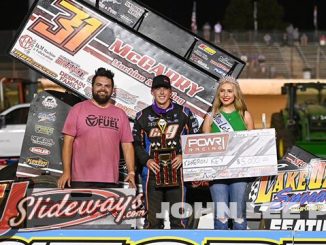 Kameron Key in victory lane at Lake Ozark Speedway. (John Lee Photo)