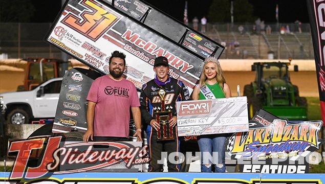 Kameron Key in victory lane at Lake Ozark Speedway. (John Lee Photo)