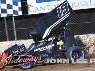 Ayrton Gennetten in route to the feature victory Sunday night at Lake Ozark Speedway. (John Lee Photo)