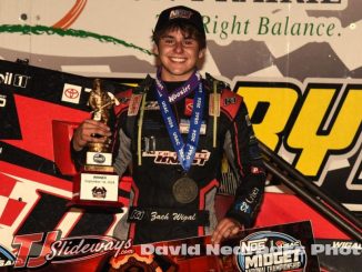 Zach Wigal (Belpre, Ohio) celebrates his first career USAC NOS Energy Drink Midget National Championship victory following the opening night of the 39th running of the Firemen's Nationals on Sunday at Sun Prairie, Wisconsin's Angell Park Speedway. (David Nearpass Photo)