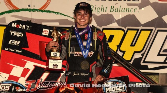 Zach Wigal (Belpre, Ohio) celebrates his first career USAC NOS Energy Drink Midget National Championship victory following the opening night of the 39th running of the Firemen's Nationals on Sunday at Sun Prairie, Wisconsin's Angell Park Speedway. (David Nearpass Photo)