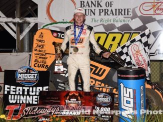 Cannon McIntosh (Bixby, Okla.) celebrates his victory following Monday night's 39th running of the Firemen's Nationals at Sun Prairie, Wisconsin's Angell Park Speedway. (David Nearpass Photo)