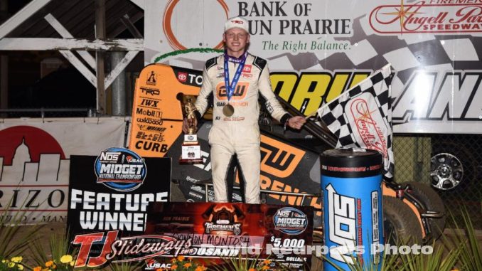 Cannon McIntosh (Bixby, Okla.) celebrates his victory following Monday night's 39th running of the Firemen's Nationals at Sun Prairie, Wisconsin's Angell Park Speedway. (David Nearpass Photo)