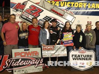 Jake Bubak in victory lane Friday night at Lucas Oil Speedway with his family and crew during the Jesse Hockett/Daniel McMillin Memorial. (Richard Bales Photo)