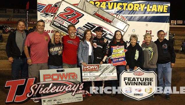 Jake Bubak in victory lane Friday night at Lucas Oil Speedway with his family and crew during the Jesse Hockett/Daniel McMillin Memorial. (Richard Bales Photo)