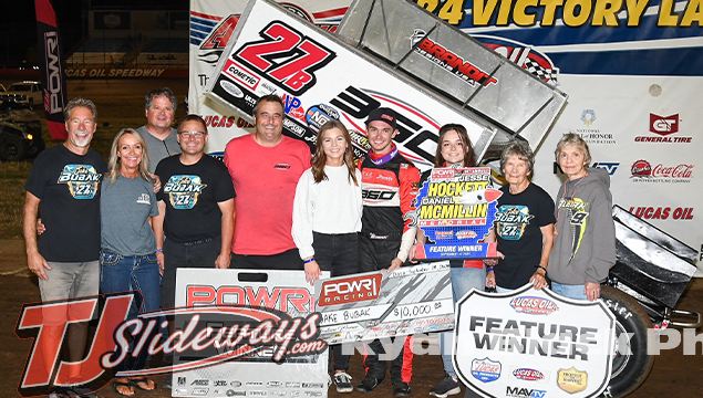 Jake Bubak with his family and crew in victory lane at Lucas Oil Speedway. (Ryan Black Photo)