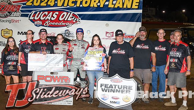 Xavier Doney with his family and crew in victory lane at Lucas Oil Speedway. (Ryan Black Photo)