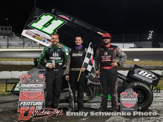 (L to R) Second place Seth Bergman, winner Roger Crockett, and third place Sam Hafertepe Jr. after the ASCS National Tour feature at Arrowhead Speedway. (Emily Schwanke Photo)