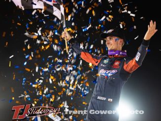 Buddy Kofoid celebrates winning the World of Outlaws NOS Energy Drink Sprint Car Series feature at Bakersfield Speedway. (Trent Gower Photo)