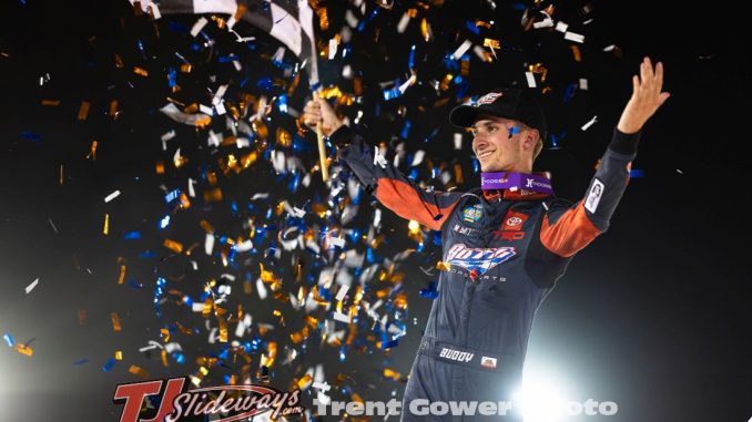 Buddy Kofoid celebrates winning the World of Outlaws NOS Energy Drink Sprint Car Series feature at Bakersfield Speedway. (Trent Gower Photo)