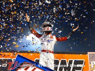 Buddy Kofoid celebrates after winning the High Bank Nationals at Huset's Speedway. (Trent Gower Photo)