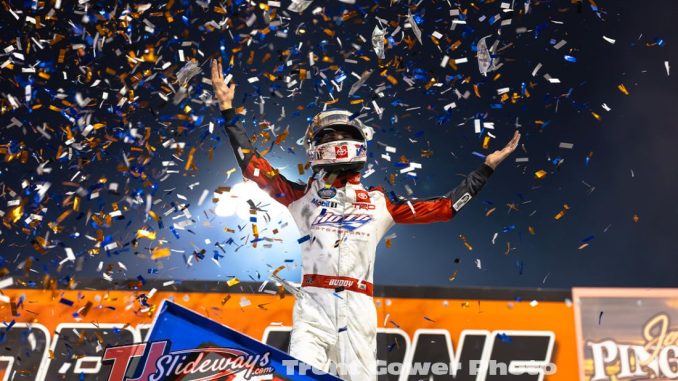 Buddy Kofoid celebrates after winning the High Bank Nationals at Huset's Speedway. (Trent Gower Photo)