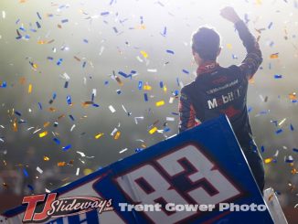 Buddy Kofoid celebrating after his victory Friday night with the World of Outlaws at the Stockton Dirt Track. (Trent Gower Photo)