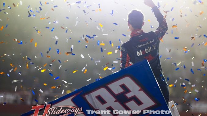 Buddy Kofoid celebrating after his victory Friday night with the World of Outlaws at the Stockton Dirt Track. (Trent Gower Photo)