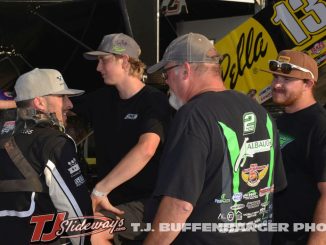 Hunter Schuerenberg and the rest of the 2KS team discussing things before the race at Eldora Speedway. (T.J. Buffenbarger Photo)