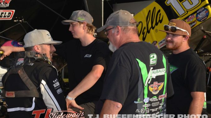 Hunter Schuerenberg and the rest of the 2KS team discussing things before the race at Eldora Speedway. (T.J. Buffenbarger Photo)