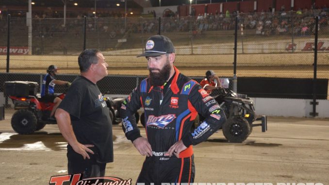 James McFadden looking over his race car at Eldora Speedway. (T.J. Buffenbarger Photo)