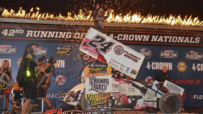 Rico Abreu giving the "Bloomquist Chop" after winning the High Limit Sprint Car Series feature at Eldora Speedway. (T.J. Buffenbarger Photo)