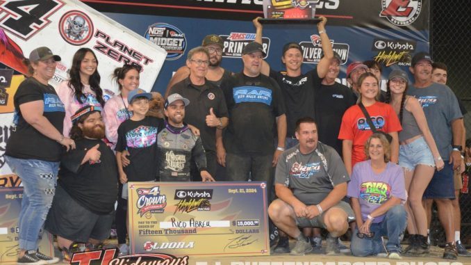 Rico Abreu with his crew, family, friends, and supporters in victory lane Saturday at Eldora Speedway. (T.J. Buffenbarger Photo)