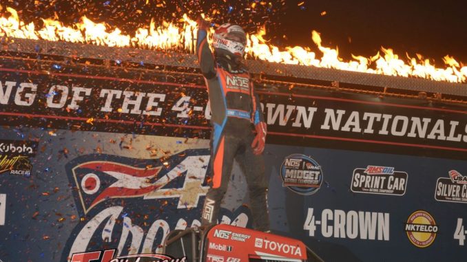 Daison Pursley in victory lane after his USAC National Midget Car Series feature Saturday at Eldora Speedway. (T.J. Buffenbarger Photo)