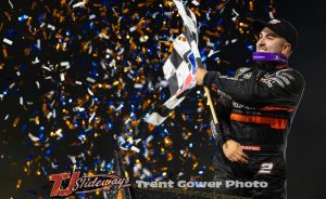 David Gravel in victory lane at Thunderbowl Racway after winning the opening night of the Dennis Roth Classic. (Trent Gower Photo)