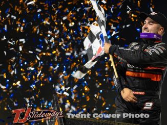 David Gravel in victory lane at Thunderbowl Racway after winning the opening night of the Dennis Roth Classic. (Trent Gower Photo)