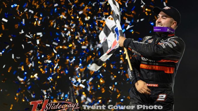 David Gravel in victory lane at Thunderbowl Racway after winning the opening night of the Dennis Roth Classic. (Trent Gower Photo)