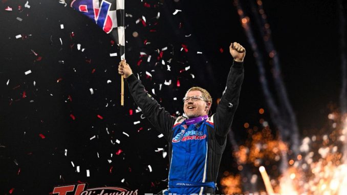 Jason Martin in victory lane at Arrowhead Speedway. (Emily Schwanke Photo)