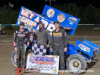 Second place Mikey Smith, winner Dalton Herrick, and second place Scott Landers after the CRSA feature Friday at Skyline Raceway Motorsports Park. (Tyler Groescup Photo)