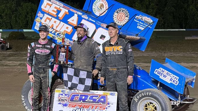 Second place Mikey Smith, winner Dalton Herrick, and second place Scott Landers after the CRSA feature Friday at Skyline Raceway Motorsports Park. (Tyler Groescup Photo)