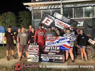 Van Gurley Jr. with family, friends, and his crew in victory lane at Butler Motor Speedway during the 2024 season finale. (T.J. Buffenbarger Photo)