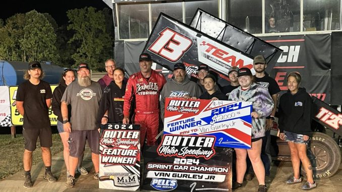 Van Gurley Jr. with family, friends, and his crew in victory lane at Butler Motor Speedway during the 2024 season finale. (T.J. Buffenbarger Photo)