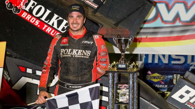 Aaron Reutzel in victory lane after his feature victory Friday with the High Limit Sprint Car Series at Port Royal Speedway. (Jeremy Zarfos Photo)