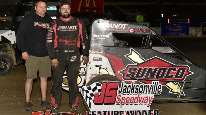 Jake Neuman in victory lane at Jacksonville Speedway. (Mark Funderburk Photo)