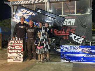 Dan McCarron in victory lane with his family and crew Saturday at Butler Motor Speedway. (Image courtesy of McCarron family)