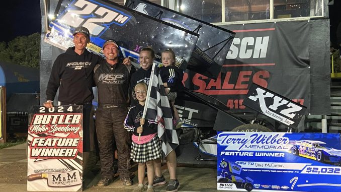 Dan McCarron in victory lane with his family and crew Saturday at Butler Motor Speedway. (Image courtesy of McCarron family)