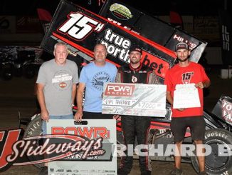 Sam Hafertepe Jr. in victory lane at Creek County Speedway. (Richard Bales Photo)