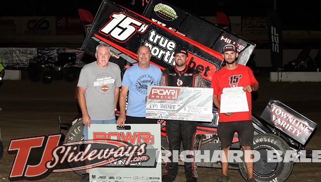 Sam Hafertepe Jr. in victory lane at Creek County Speedway. (Richard Bales Photo)