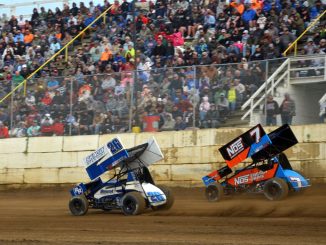 Justin Peck (#26) racing with Tyler Courtney (#7) Saturday at Butler Motor Speedway during the Mace Thomas Classic with the High Limit Sprint Car Series. (T.J. Buffenbarger Photo)