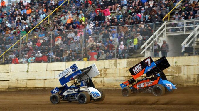DSC_0305 Justin Peck (#26) racing with Tyler Courtney (#7) Saturday at Butler Motor Speedway during the Mace Thomas Classic with the High Limit Sprint Car Series. (T.J. Buffenbarger Photo)