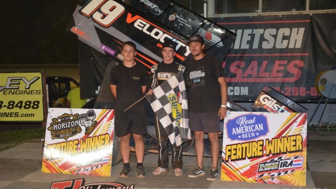 Joel Myers Jr. used patience combined with some lessons learned from a recent trip back to the west coast in route to the Bumper to Bumper Interstate Racing Association feature victory Saturday night at Butler Motor Speedway. Myers, from Santa Rosa, California, was able to take advantage of a mid-race restart to take the lead from Tim Shaffer after Shaffer had passed Myers earlier in the event to take away the top position. Myers then held off Shaffer through heavy lapped traffic for his second victory of the season with the IRA sprint cars. After the feature Myers credited some skills he worked on during a recent trip back to the west coast for the Dirt Cup at Skagit Speedway in Alger, Washington. “Last week at Dirt Cup Willie and Kole Kahne worked really hard with me critiquing my restarts and just trying to teach me things to make it better,” said Myers. “I think that was factor was just able to time my restart right, getting the moisture, and I felt like (Shaffer) spun his tires a little bit and I knew I could plug the bottom in one and two really good. I knew if I could get a good enough restart and hope he kind of tripped up, which he did, and it just all kind of played out in my favor.” Myers and Shaffer started on the front row with Myers leading the first 11 circuits until Shaffer was able to slide by through turns one and two. Behind them Logan Julien and Jason Blonde were swapping the third position back and forth, allowing Myers and Shaffer to pull away. The completion of the race changed following a red flag on lap 15 for Friday’s IRA feature winner at Bloomignton Speedway in Bloomington, Indiana, Max Guilford, getting upside down between turns one and two after contact with Thomas Schinderle’s car. During the restart Myers was able to stay glued to Shaffer’s back bumper, dove to the inside of the speedway, and was able to take advantage of Shaffer stumbling on the cushion in turn two to retake the lead. Myers maintained a comfortable lead until five laps to go when he approached slower traffic. This allowed Shaffer and Jullien to close in. Shaffer was able to nearly pull alongside Myers on the final lap but could not make the pass as Myers went on to victory. Shaffer, Jullien, Blonde, and Travis Arnez rounded out the top five. Myers indicated having a win of this fashion could give him team some momentum going into some of the bigger races over the next couple of months. “it's always a boost of confidence, winning no matter what, but to be able to pass a guy like Tim Shaffer back shows that we have speed.” Bumper to Bumper Interstate Racing Association Butler Motor Speedway Quincy, Michigan Saturday, June 28, 2025 Qualifying Flight A 1. 25T-Travis Arenz, 13.382[8] 2. 17GP-Tim Shaffer, 13.394[11] 3. 37-Bryce Norris, 13.406[17] 4. 10BR-Jason Blonde, 13.509[2] 5. 77-Geoff Dodge, 13.529[15] 6. 34-Sterling Cling, 13.607[9] 7. 4-Josh Turner, 13.622[6] 8. 16C-Max Guilford, 13.624[18] 9. 79-Blake Nimee, 13.650[19] 10. 22-Aaron Shaffer, 13.689[3] 11. 16-Ryan Ruhl, 13.696[4] 12. 2W-Scott Neitzel, 13.711[10] 13. 4D-Cruz Dickerson, 13.721[12] 14. 5-Zackary Sokol, 13.920[1] 15. 97-Tylar Rankin, 13.967[7] 16. 4K-Kris Spitz, 14.057[5] 17. 20A-Andy Chehowski, 14.523[13] 18. 45-Tim Haddy, 14.756[14] 19. 70W-Logan Wienke, 15.308[16] Qualifying Flight B 1. 19-Joel Myers, 13.637[3] 2. 96-Jake Blackhurst, 13.703[9] 3. 25-Danny Schlafer, 13.723[1] 4. 41-Thomas Schinderle, 13.795[4] 5. 01-Brad Lamberson, 13.945[15] 6. 85J-Logan Julien, 13.954[2] 7. 7A-Will Armitage, 13.988[6] 8. 9K-Kyle Schuett, 14.045[12] 9. 12-Corbin Gurley, 14.121[18] 10. 11N-Kasey Jedrzejek, 14.123[17] 11. 65-Jordan Goldesberry, 14.209[8] 12. 3N-Jake Neuman, 14.240[14] 13. 98-Ricky Peterson, 14.425[11] 14. 21H-TJ Haddy, 14.484[16] 15. 33F-Jason Ferguson, 14.526[7] 16. 3-Kyle Locke, 14.836[13] 17. 51Y-Mark Yearling, 15.058[5] 18. 24-Scott Conger, 15.662[10] Heat Race #1 (8 Laps) 1. 37-Bryce Norris[1] 2. 25T-Travis Arenz[4] 3. 77-Geoff Dodge[2] 4. 79-Blake Nimee[5] 5. 16-Ryan Ruhl[6] 6. 4-Josh Turner[3] 7. 97-Tylar Rankin[8] 8. 4D-Cruz Dickerson[7] 9. 70W-Logan Wienke[10] 10. 20A-Andy Chehowski[9] Heat Race #2 (8 Laps) 1. 10BR-Jason Blonde[1] 2. 16C-Max Guilford[3] 3. 17GP-Tim Shaffer[4] 4. 34-Sterling Cling[2] 5. 2W-Scott Neitzel[6] 6. 5-Zackary Sokol[7] 7. 4K-Kris Spitz[8] 8. 22-Aaron Shaffer[5] 9. 45-Tim Haddy[9] Heat Race #3 (8 Laps) 1. 19-Joel Myers[4] 2. 25-Danny Schlafer[1] 3. 65-Jordan Goldesberry[6] 4. 01-Brad Lamberson[2] 5. 7A-Will Armitage[3] 6. 98-Ricky Peterson[7] 7. 12-Corbin Gurley[5] 8. 33F-Jason Ferguson[8] DNS: 51Y-Mark Yearling Heat Race #4 (8 Laps) 1. 85J-Logan Julien[2] 2. 9K-Kyle Schuett[3] 3. 11N-Kasey Jedrzejek[5] 4. 41-Thomas Schinderle[1] 5. 3N-Jake Neuman[6] 6. 96-Jake Blackhurst[4] 7. 3-Kyle Locke[8] 8. 21H-TJ Haddy[7] 9. 24-Scott Conger[9] Dash #1 (4 Laps) 1. 19-Joel Myers[1] 2. 85J-Logan Julien[5] 3. 25T-Travis Arenz[4] 4. 37-Bryce Norris[3] 5. 01-Brad Lamberson[2] Dash #2 (4 Laps) 1. 17GP-Tim Shaffer[1] 2. 10BR-Jason Blonde[2] 3. 77-Geoff Dodge[3] 4. 25-Danny Schlafer[4] 5. 41-Thomas Schinderle[5] B-Main (12 Laps) 1. 98-Ricky Peterson[4] 2. 4-Josh Turner[1] 3. 5-Zackary Sokol[3] 4. 96-Jake Blackhurst[2] 5. 12-Corbin Gurley[6] 6. 22-Aaron Shaffer[5] 7. 33F-Jason Ferguson[12] 8. 3-Kyle Locke[8] 9. 4D-Cruz Dickerson[9] 10. 20A-Andy Chehowski[15] 11. 24-Scott Conger[14] 12. 45-Tim Haddy[17] 13. 21H-TJ Haddy[10] 14. 97-Tylar Rankin[7] 15. 4K-Kris Spitz[11] 16. 70W-Logan Wienke[13] 17. 51Y-Mark Yearling[16] A-Main (30 Laps) 1. 19-Joel Myers[1] 2. 17GP-Tim Shaffer[2] 3. 85J-Logan Julien[3] 4. 10BR-Jason Blonde[4] 5. 25T-Travis Arenz[5] 6. 11N-Kasey Jedrzejek[14] 7. 37-Bryce Norris[7] 8. 34-Sterling Cling[13] 9. 25-Danny Schlafer[8] 10. 77-Geoff Dodge[6] 11. 9K-Kyle Schuett[12] 12. 2W-Scott Neitzel[19] 13. 98-Ricky Peterson[21] 14. 01-Brad Lamberson[9] 15. 7A-Will Armitage[18] 16. 79-Blake Nimee[15] 17. 96-Jake Blackhurst[24] 18. 5-Zackary Sokol[23] 19. 65-Jordan Goldesberry[16] 20. 3N-Jake Neuman[20] 21. 41-Thomas Schinderle[10] 22. 4-Josh Turner[22] 23. 16C-Max Guilford[11] 24. 16-Ryan Ruhl[17]